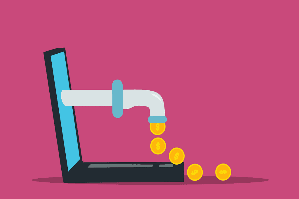 Graphic art depicting coins with dollar signs on them spilling from a faucet connected to a laptop screen